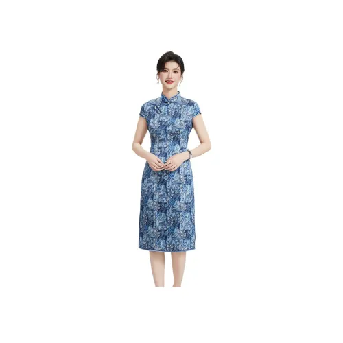 JINJU Blue Женские Короткие Платья с Рукавами
