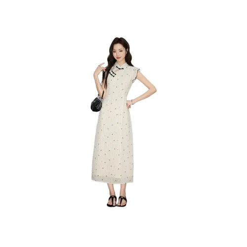 MENGXIAOQI Экрю Длинный Женский Короткий С рукавами Платья