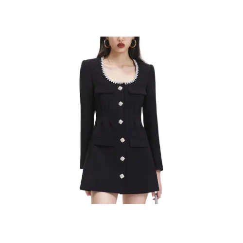 Self Portrait Длинное Платье с Длинными Рукавами Женское Классическое Черное