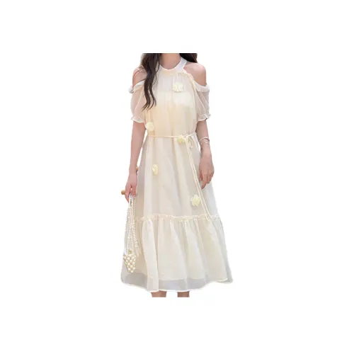 Cotton Gene Абрикос Женские Короткие Платья с Рукавами