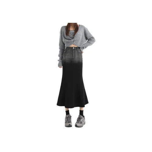 Wen Shan Деним Длинная Юбка Женская Серый Черный