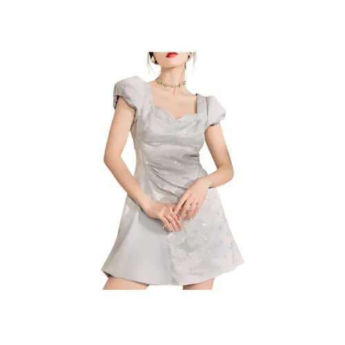 QIAOYUHUAZUN Короткий рукав Платье Женское Пыльно-синий