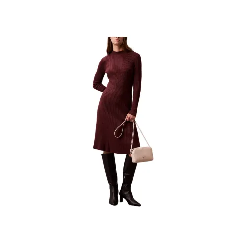 Calvin Klein Длинное платье с длинными рукавами женское шоколадного цвета