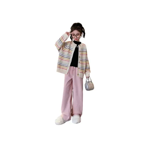 AIXINA Комплекты одежды Многоцветный кардиган Свитер + Розовые широкие штаны Школьная повседневная спортивная одежда