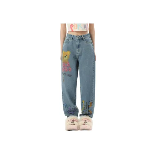 LALABOBO Джинсы Женские Средне-голубой Белый