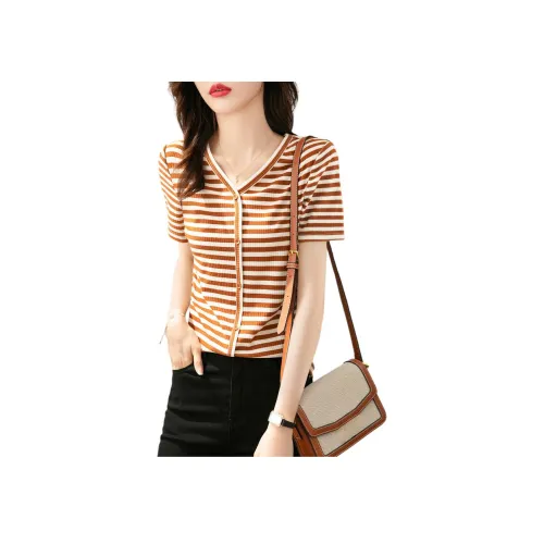Mo Han Yi Mei T Рубашка Женская Желтая и Кофейная Полосатая