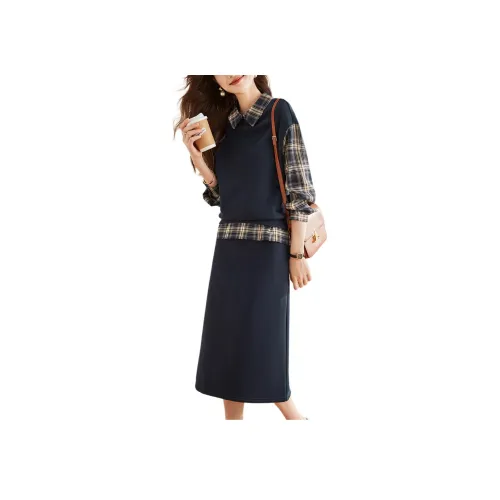 Mo Han Yi Mei Комплект с юбкой Женская Темно-синяя Клетка