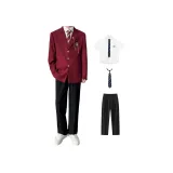 Red Coat + Shirt + Dark Blue Tie + Black Pants