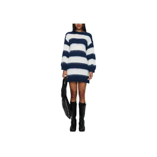 PRINCESS POLLY IRYNA Длинный рукав Трикотаж Мини Платье Длинный рукав Платье Женские Темно-синий Белый Полоса Морской синий Белый Полоса