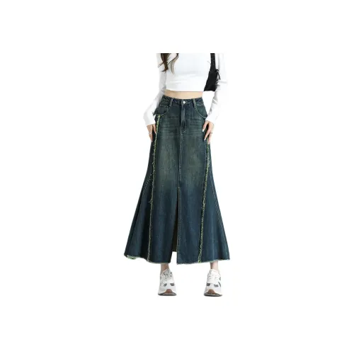 【Dme】 Джинсовая длинная юбка женская средний джинсовый синий