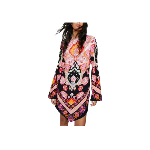 NASTY GAL Пейсли Border Принт Мини Платье Длинный Рукав Платье Женские Розовый