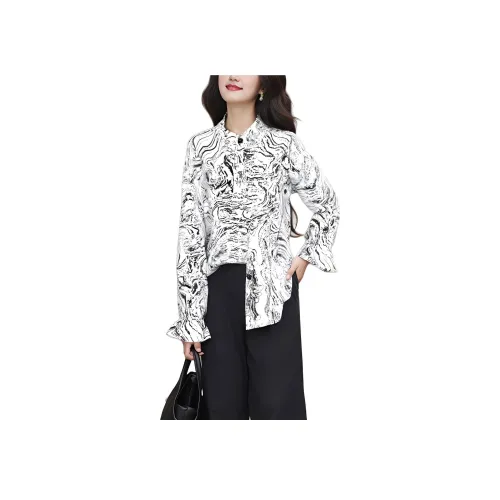 Wbwq Рубашка Женская Черная и Белая Цветочная