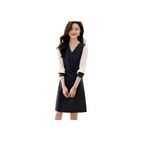 Mo Han Yi Mei Длинное платье с длинными рукавами женское темно-синий и экрю