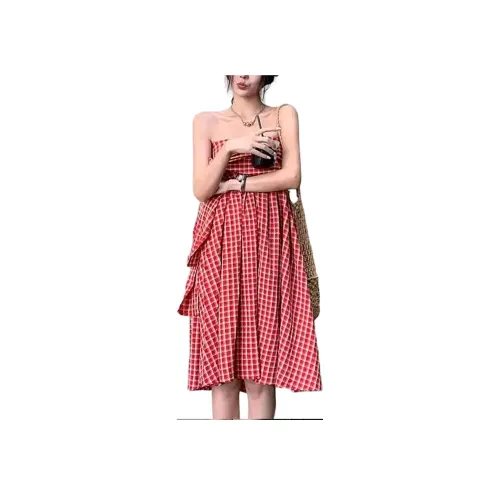 Wbwq Без рукавов Платье Женское Красное Клетка