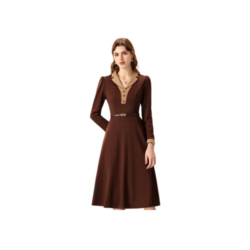 FENHONGMALI Длинное платье с длинными рукавами женское кофейного цвета