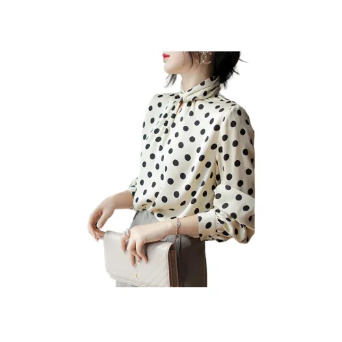 Wbwq Шифон Рубашка Женские Абрикосовая Основа с Черными Кругами