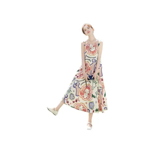 Cypress House Без рукавов Платье Женское Светло-желтое Граффити