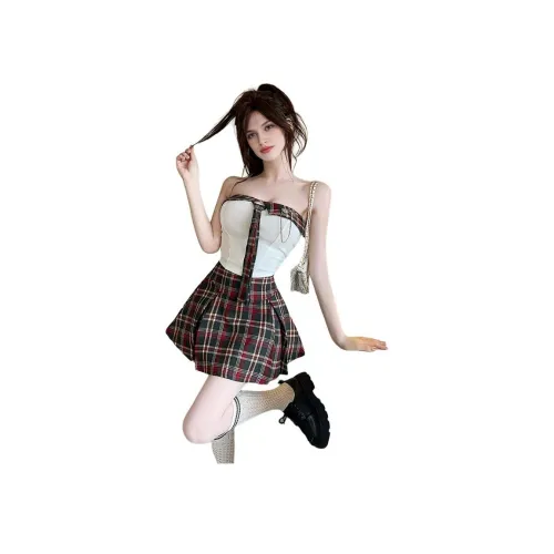 DGMZ Без бретелей Топ Клетчатый Юбка Одежда Комплекты Женские Наборы с юбкой