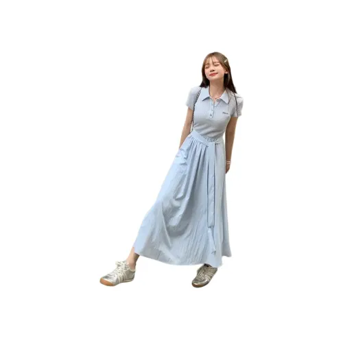 YINLEI Blue Женские Короткие Платья с Рукавами