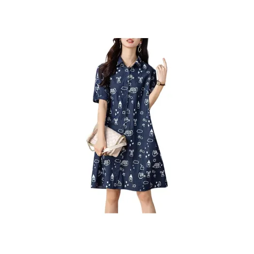 Темно-синий женский короткий с короткими рукавами платья