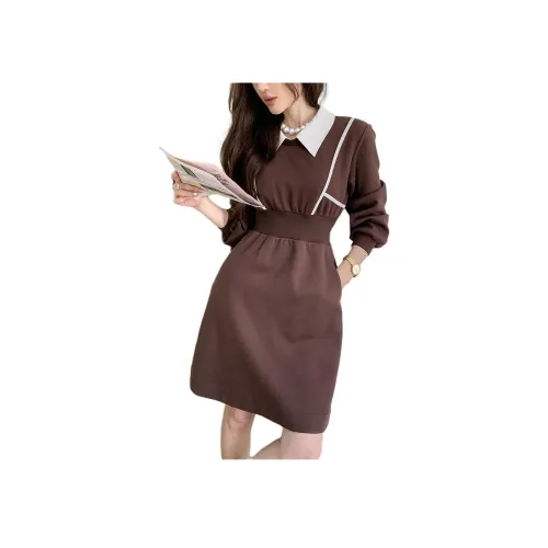 NANING9 Длинное платье с длинным рукавом женское коричневое