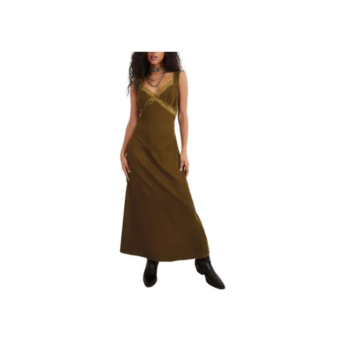 NASTY GAL Бархат Кружевная отделка Cut Out Спина Макси Платье Slip Платье Женские Хаки