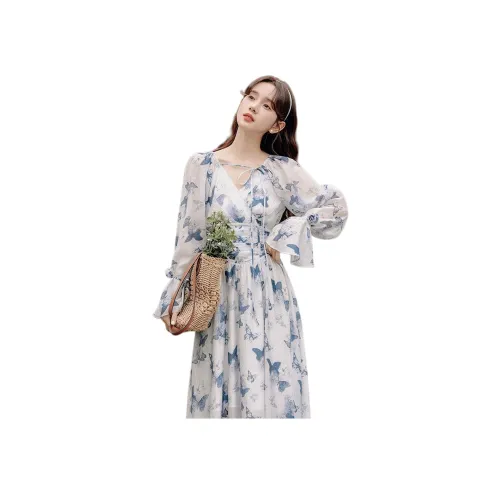 Wbwq Длинное платье с длинными рукавами женское с голубым цветком