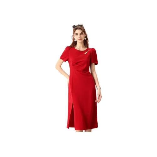 FENHONGMALI Red Женские Короткие Платья с Рукавами