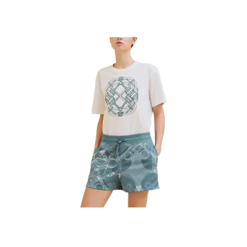 HERMES Узорный принт Круглый вырез Пуловер Короткий рукав Т-рубашка Женская Белая