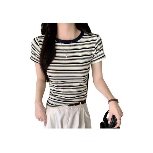 MORii Комплект с короткими рукавами T-рубашка Женская Абрикосовый Синий Полосы