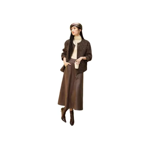 XWI Кофейный Абрикос Узор "Елочка" Женское Короткое Пальто