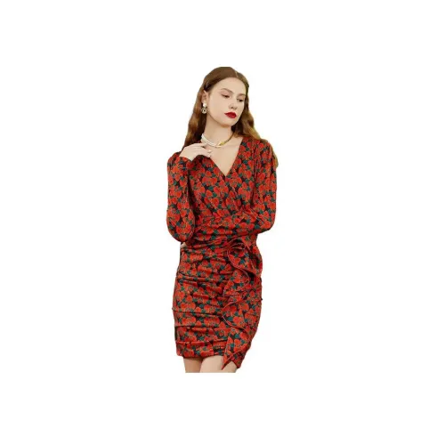 ZRAU Red Flowers Женские Длинные Рукава Платья