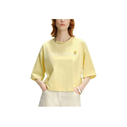 KARL LAGERFELD Однотонный Круглый вырез Свободный крой С принтом Короткий рукав Рубашка T Рубашка Женская Желтая