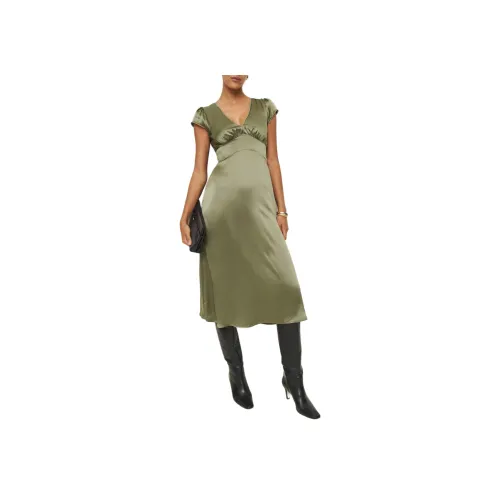 REFORMATION Cassie Шелковое Платье Короткое с Рукавами Платье Женское Алоэ Вера Зеленый