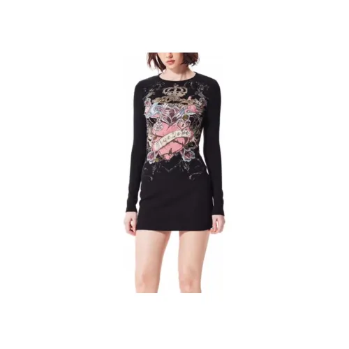 Ed Hardy Черное Женское Длинное Платье с Рукавами
