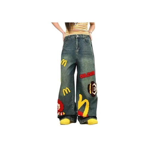 METE WHALE MT Винтажный синий Классический Вышивка Унисекс Джинсы