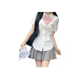 Комплект одежды (Белая рубашка с короткими рукавами с вышивкой + серая юбка + розовый бант)