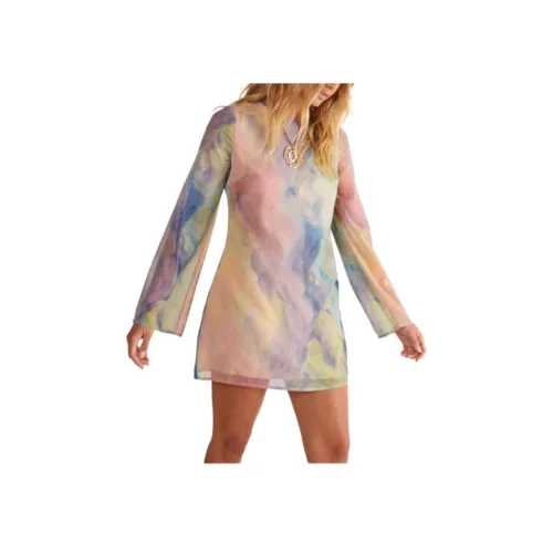 NASTY GAL Шифон Мраморный Принт Расклешенный рукав Туника Мини Платье Длинное Платье с длинными рукавами Женское