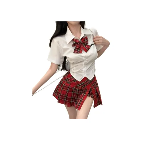 Garbege UNIFORM Женская Белая Рубашка Галстук-бабочка Клетчатая Юбка Комплект Одежды