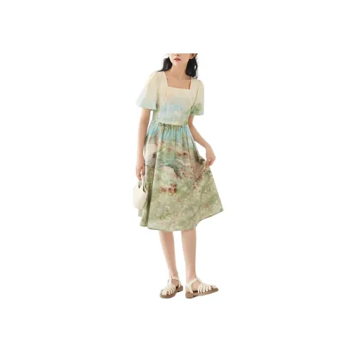 ZIHAN Короткий рукав Платье Женское Винтаж Масляные Картины