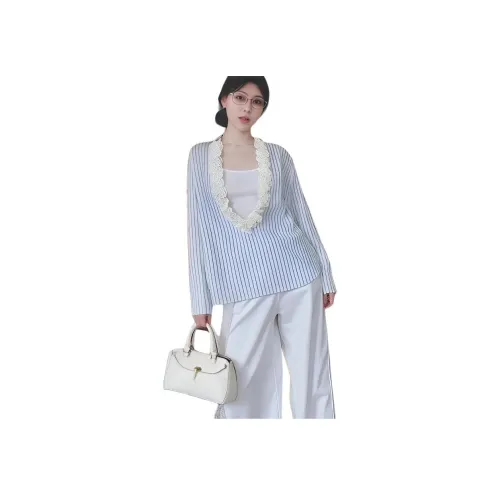 FINDSME GAGA Blue White Striped Shirt Women's Shirt