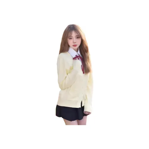 Mu Qingqing Белая рубашка + Галстуки-бабочки + Черная юбка с оборками + Желтый кардиган + Комплект из четырех предметов Женские юбочные комплекты