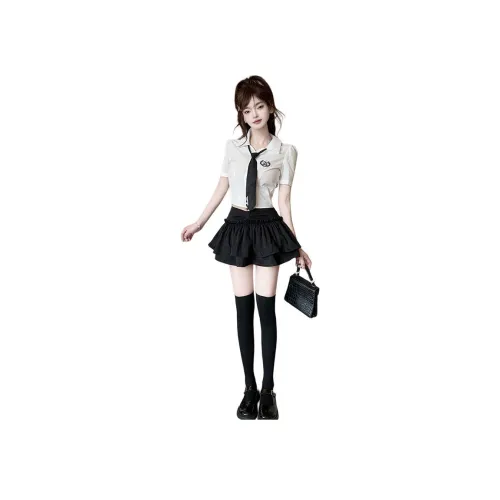 DGMZ Белый топ с Tie Черная юбка Одежда Комплект Женская униформа