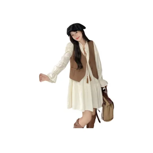 GORGEOUSIDEA Коричневая куртка + Белая юбка Женские комплекты с юбкой