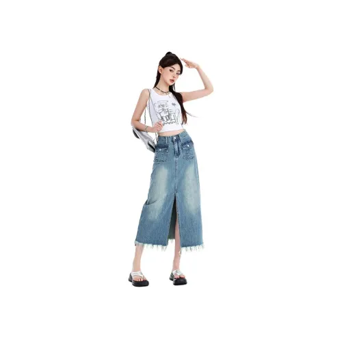BRN DZ 3055 1 Синий Женские Джинсовые Длинные Юбки