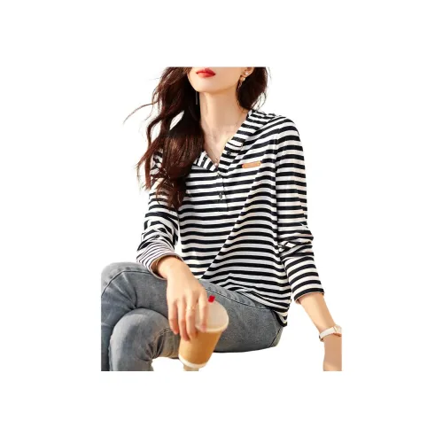 MOHANYIMEI Темно-синий Синий Полосы Женская T-рубашка