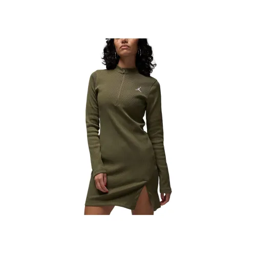 Jordan 1 2 Zip Long Sleeve KNIT Платье Длинный Sleeved Платье Женские Средний оливковый Белый