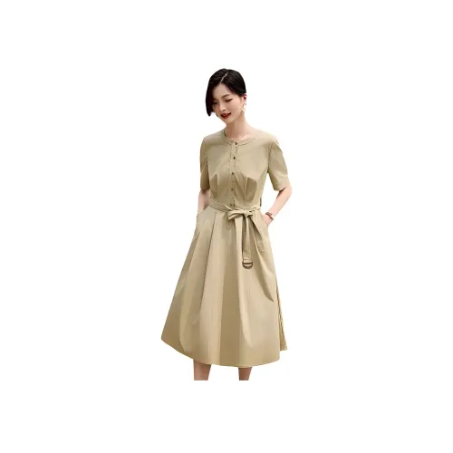Yi Mengyuan Светлый оливковый зеленый женские короткие платья с рукавами