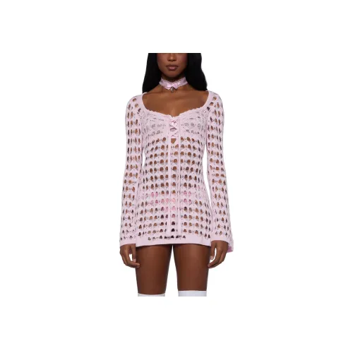 Dolls Kill Sugar Thrillz Hooked On YOU Crochet Платье Длинное с длинными рукавами Женское Розовый Розовый