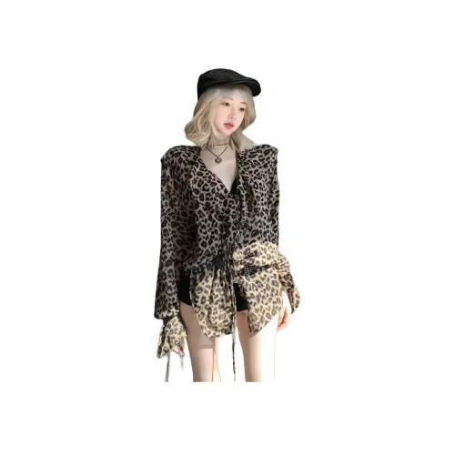 COHX Леопардовый принт с ремнем, женские рубашки